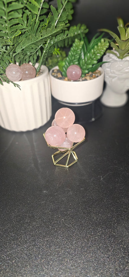 Small Six Star Flash Rose Quartz Spheres