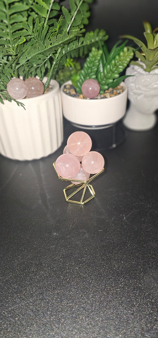Small Six Star Flash Rose Quartz Spheres